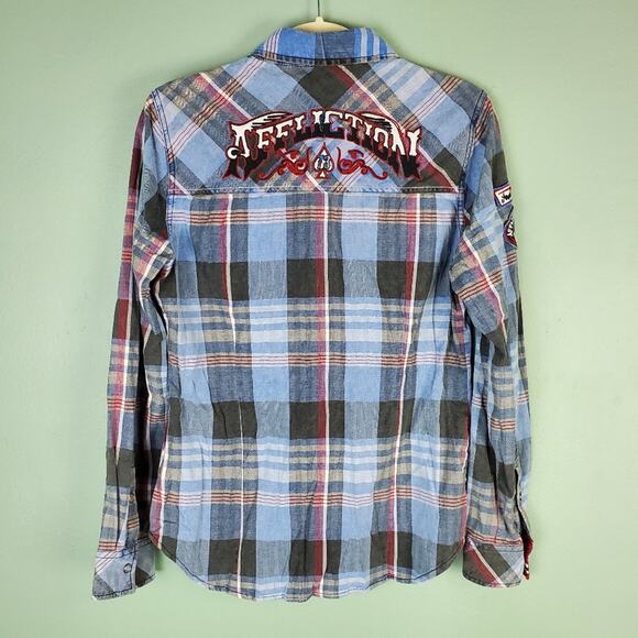 Affliction Blue Plaid Western Pearl Snap Embroidered Shirt Size Medium - Picture 2 of 8
